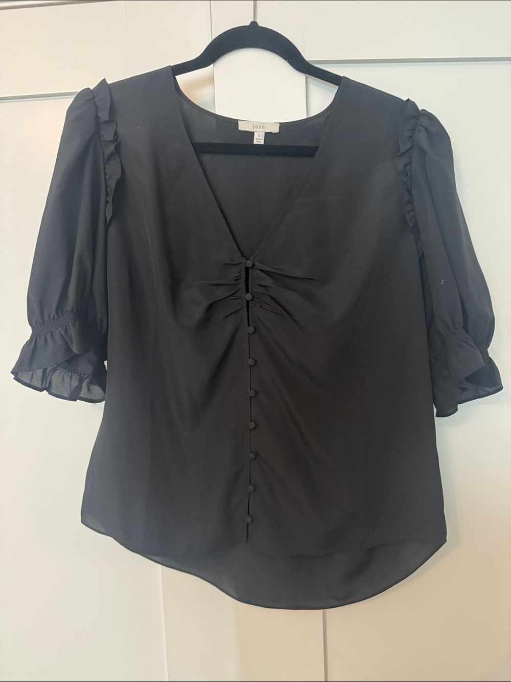 Joie Black V-Neck Button-Front Ruffle Sleeve Blouse